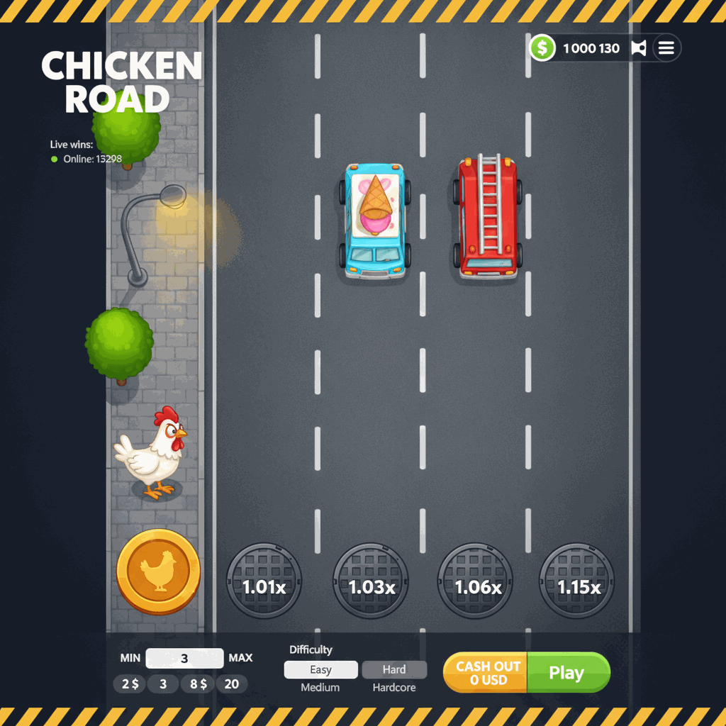 Chicken Road gioco crash di InOut: pollo cartoon che attraversa corsie stradali con moltiplicatori crescenti, gioco istantaneo provably fair con grafica colorata e interfaccia intuitiva
